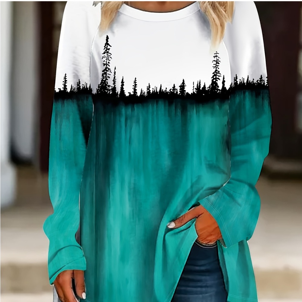 Temu Tree Print Crew Neck Long Sleeve T-Shirt